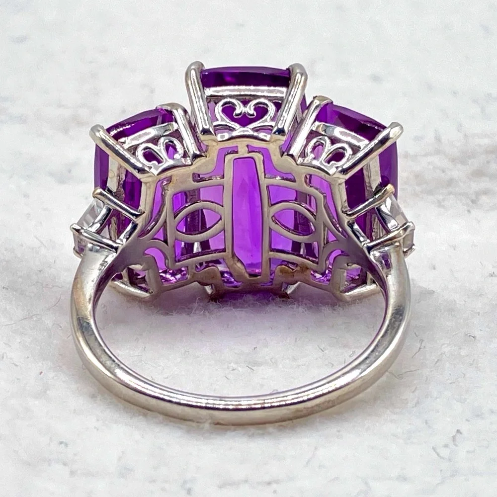 Huge Color Change Lab Sapphire Trilogy Cocktail Ring. Platinum over Sterling - Picture 6 of 16